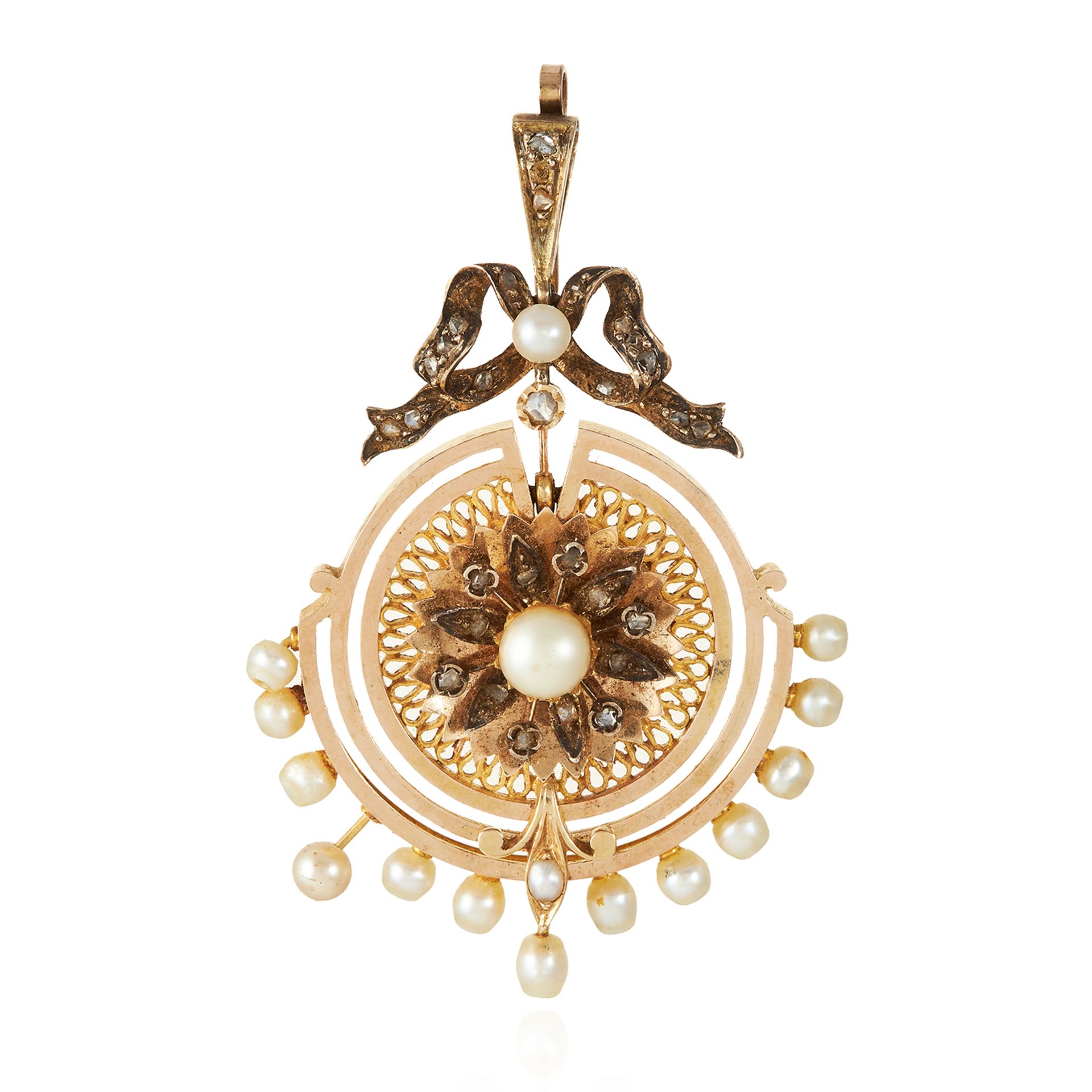 AN ANTIQUE NATURAL PEARL AND DIAMOND PENDANT in high carat yellow gold, the central cultured pearl