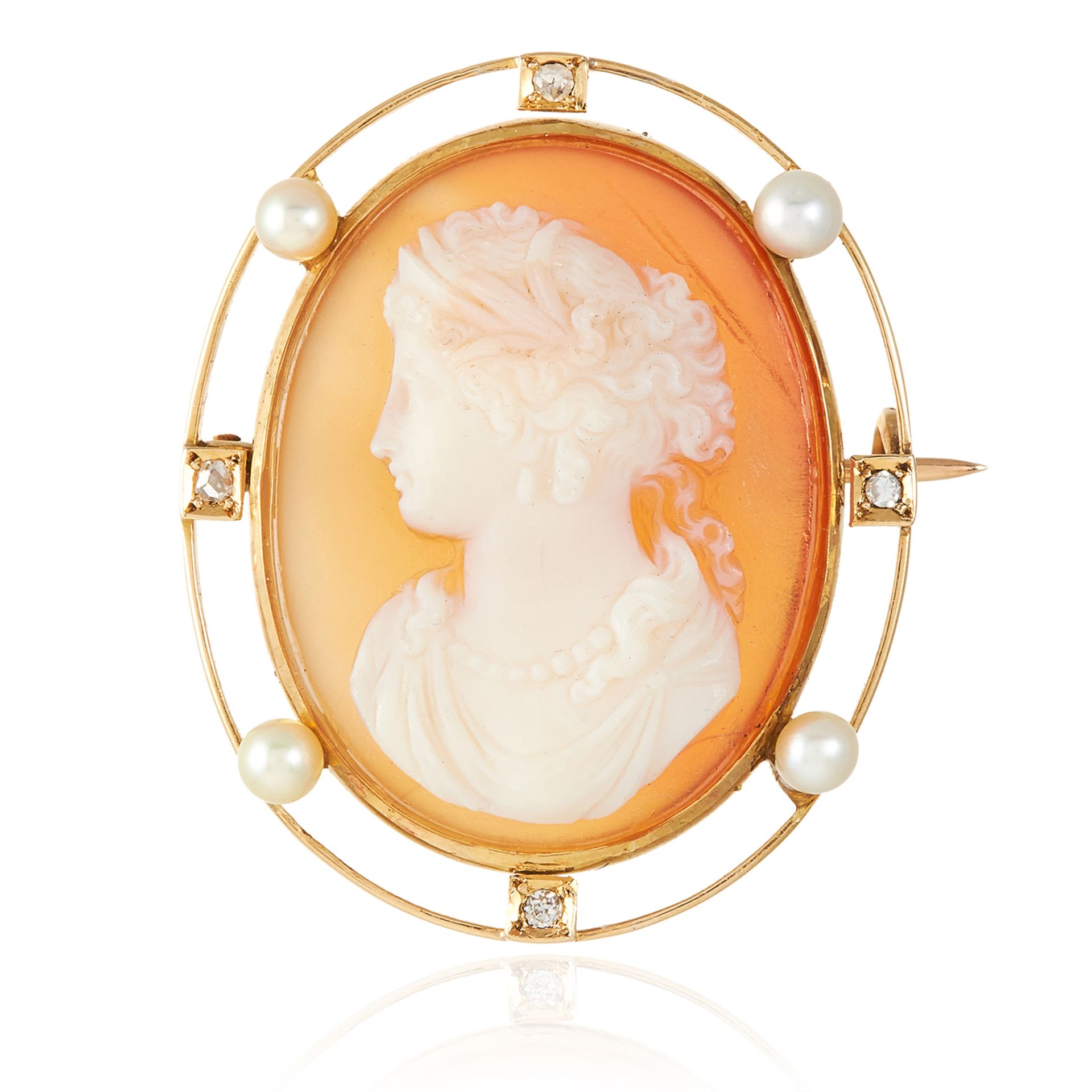 AN ANTIQUE DIAMOND AND PEARL CAMEO in yellow gold, depicting a lady framed in old cut diamonds and