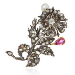 A BURMA NO HEAT RUBY, NATURAL PEARL AND DIAMOND BROOCH, 19TH CENTURY in yellow gold and silver,