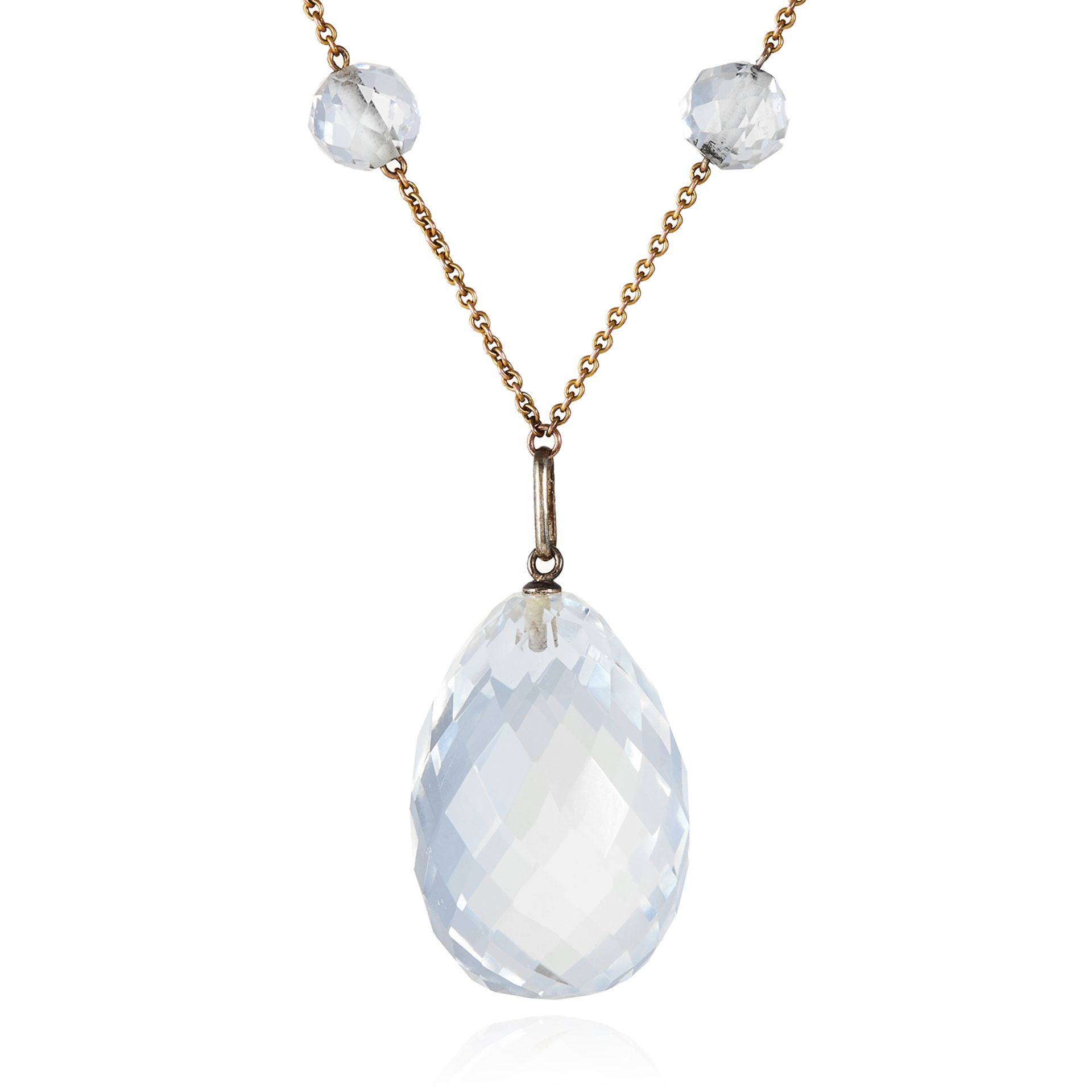 A ROCK CRYSTAL NECKLACE comprising of six faceted rock crystal beads suspending a large faceted rock