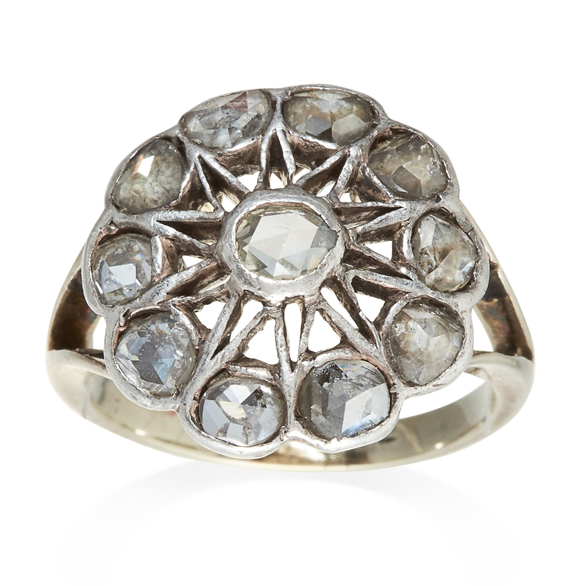 AN ANTIQUE DIAMOND DRESS RING in white gold or platinum, ten rose cut diamonds set in an openwork