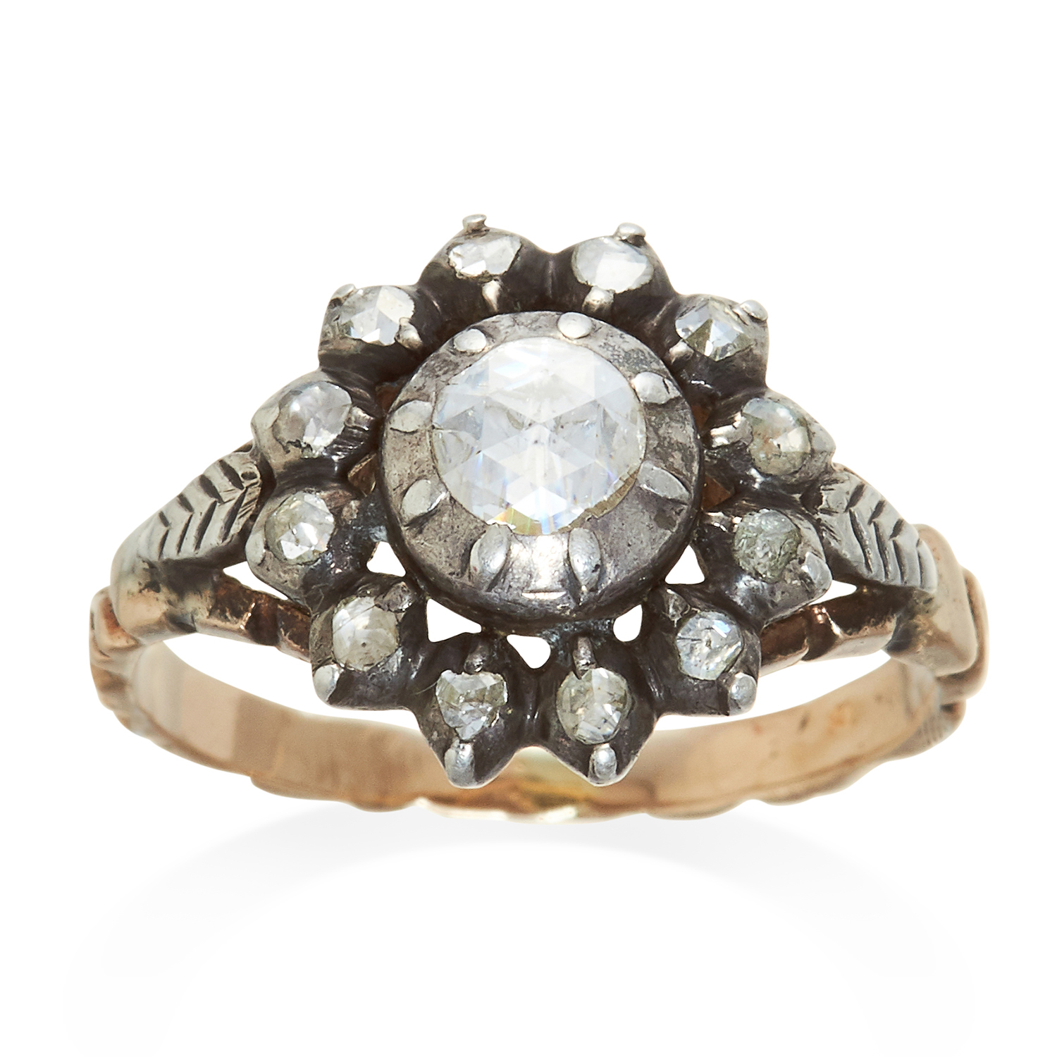 AN ANTIQUE DIAMOND CLUSTER RING, 19TH CENTURY in yellow gold and silver, set with rose cut diamonds,