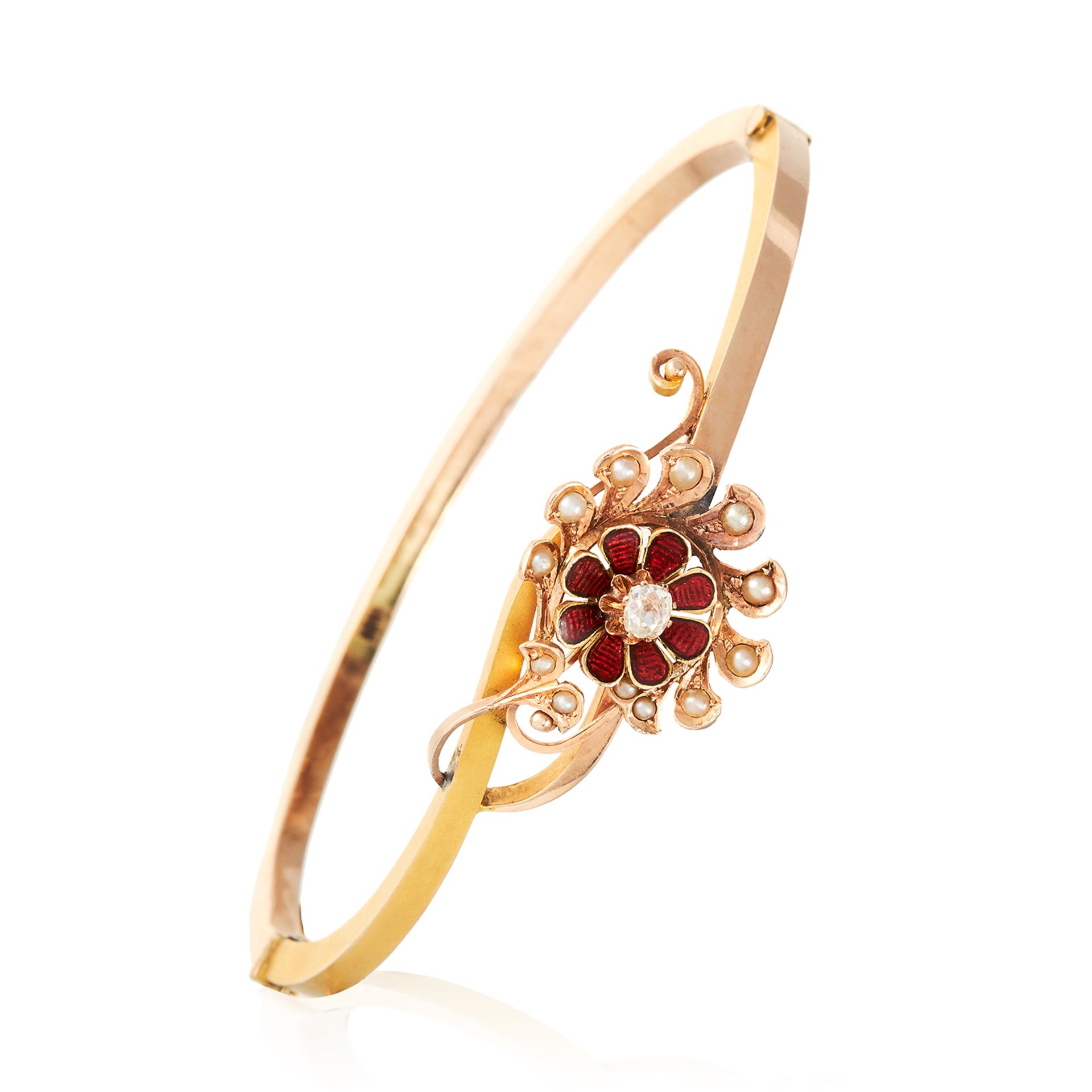 AN ANTIQUE DIAMOND, PEARL AND ENAMEL BANGLE in yellow gold, comprising of a flower jewelled with