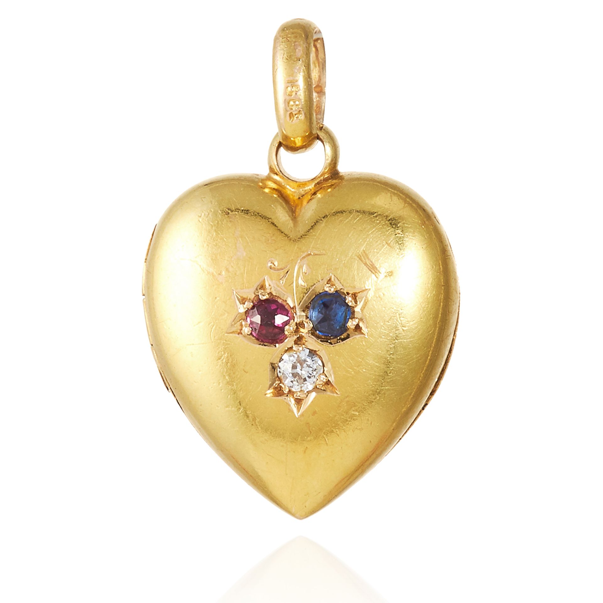 AN ANTIQUE SAPPHIRE, RUBY AND DIAMOND HEART LOCKET / PENDANT in high carat yellow gold, unmarked,