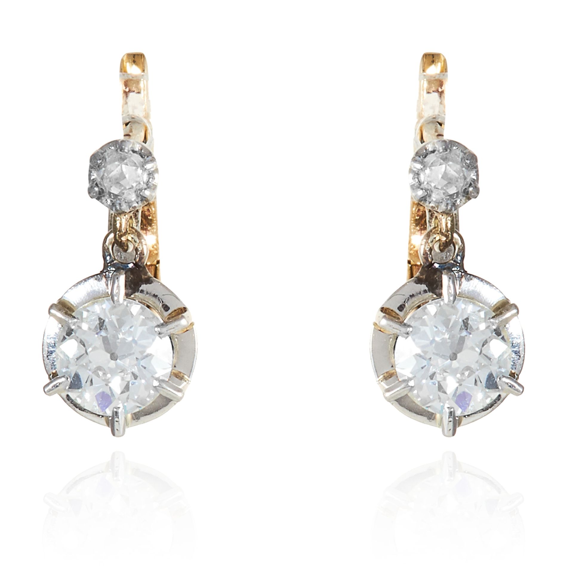 A PAIR OF DIAMOND DROP EARRINGS, in yellow gold and platinum, formed of a round cut diamond