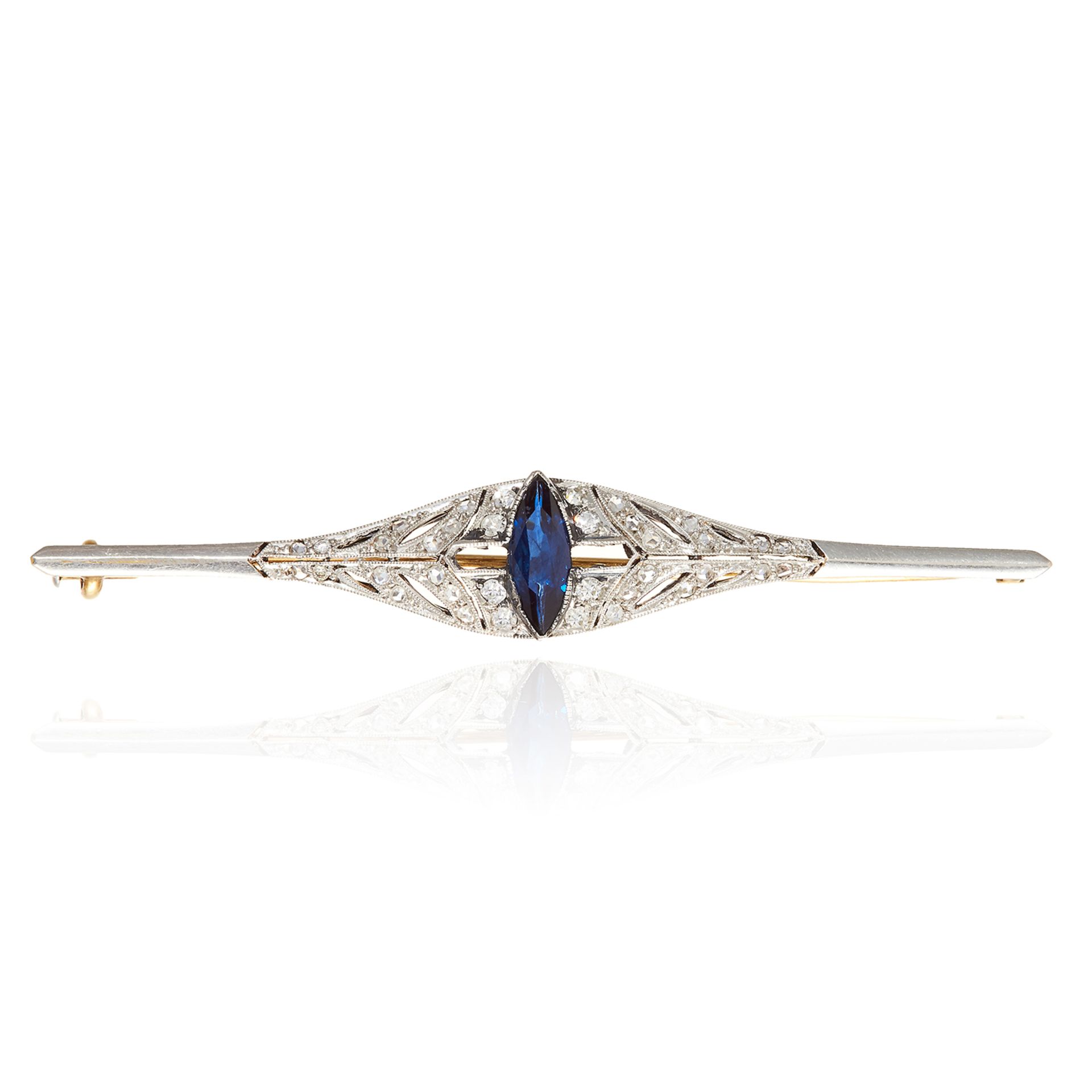 AN ART DECO SAPPHIRE AND DIAMOND BAR BROOCH in yellow gold and platinum, set with a marquise cut