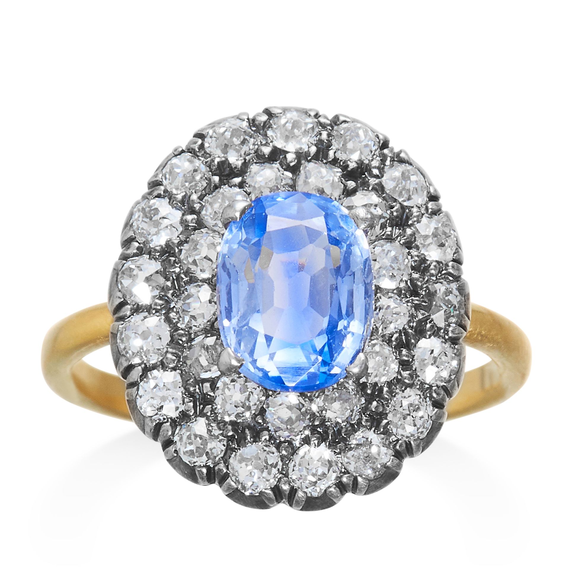 A SAPPHIRE AND DIAMOND RING in high carat gold, the 1.81 carat oval cut sapphire, unheated and of