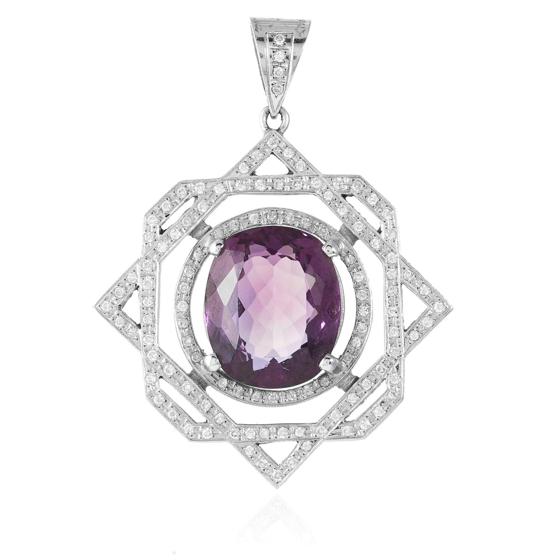 AN ART DECO AMETHYST AND DIAMOND PENDANT in white gold or platinum, set with a central amethyst of