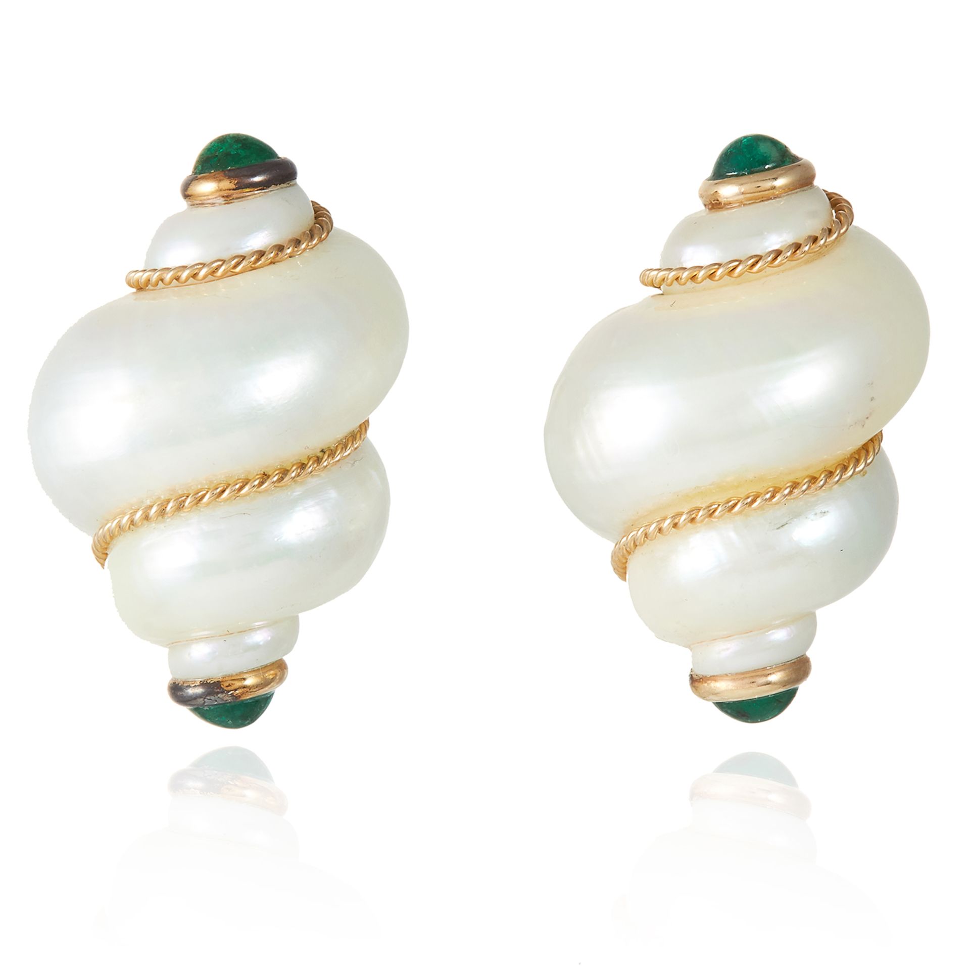 A PAIR OF TURBO SHELL AND EMERALD EARRINGS in 14ct yellow gold, in Seaman Schepps design, jewelled