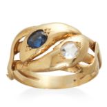 AN ANTIQUE SAPPHIRE AND DIAMOND SNAKE RING in high carat yellow gold, designed as two interwoven