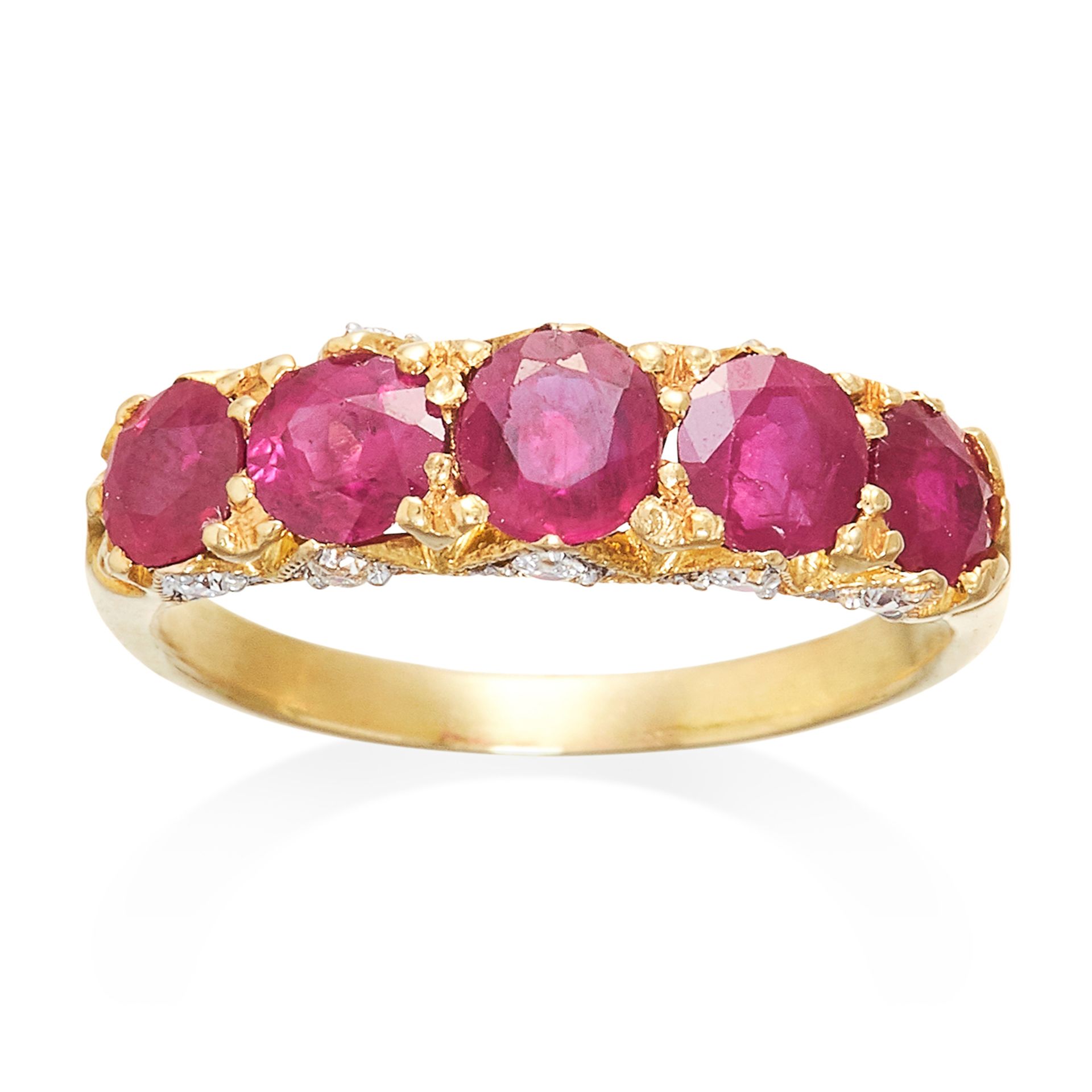 AN ANTIQUE RUBY AND DIAMOND RING in high carat yellow gold, the five graduated oval cut rubies