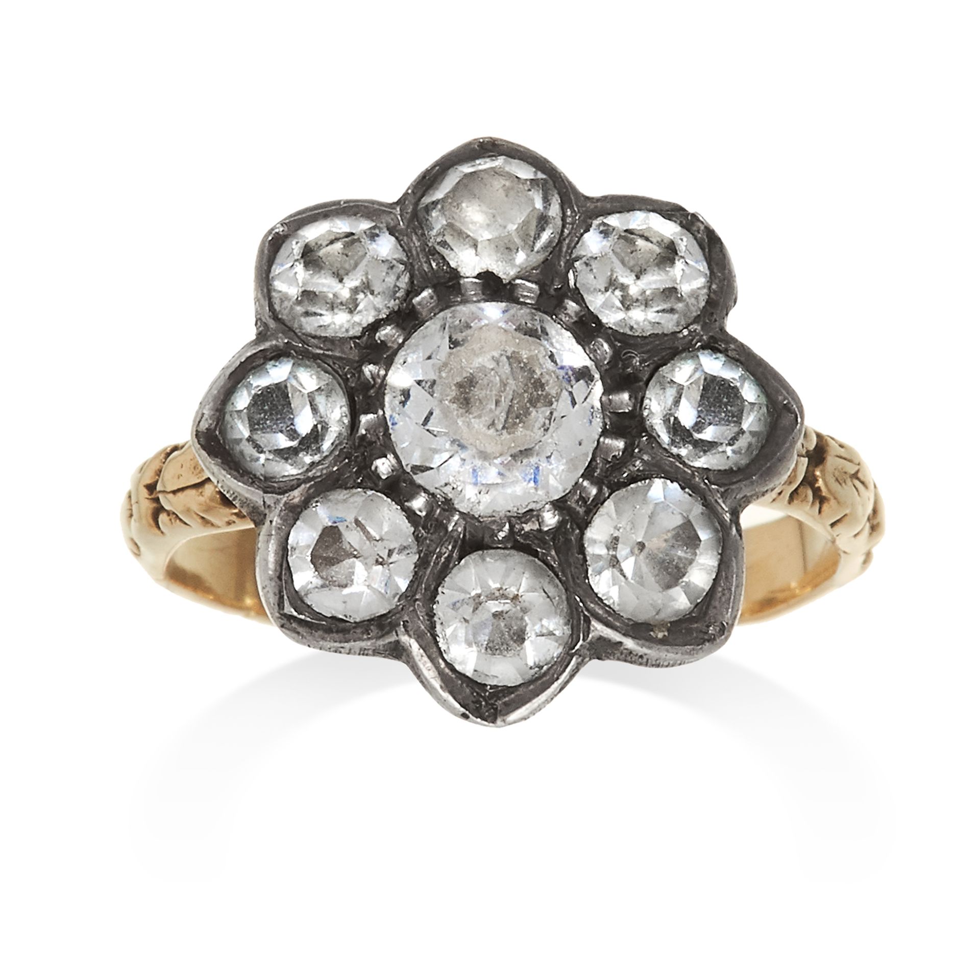 A PASTE CLUSTER RING, 19TH CENTURY in yellow gold, set with nine paste stones in cluster form,