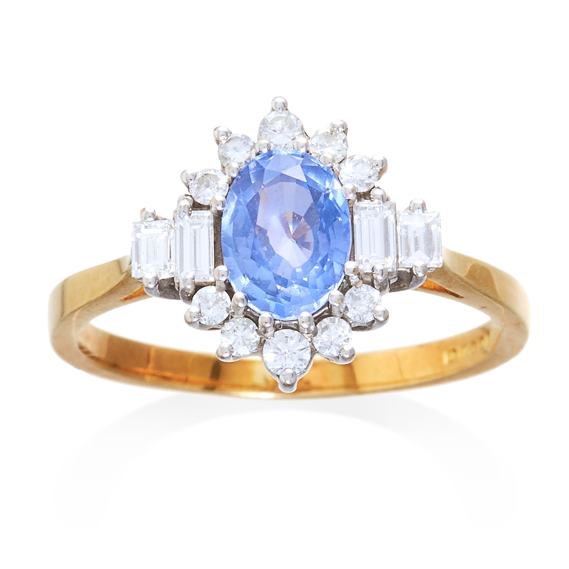 A SAPPHIRE AND DIAMOND CLUSTER RING in 18ct yellow gold, set with a central oval cut sapphire of