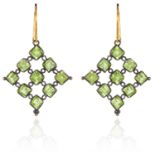 A PAIR OF PERIDOT EARRINGS in gold and silver of openwork design, unmarked, 4.5cm, 3.05g.