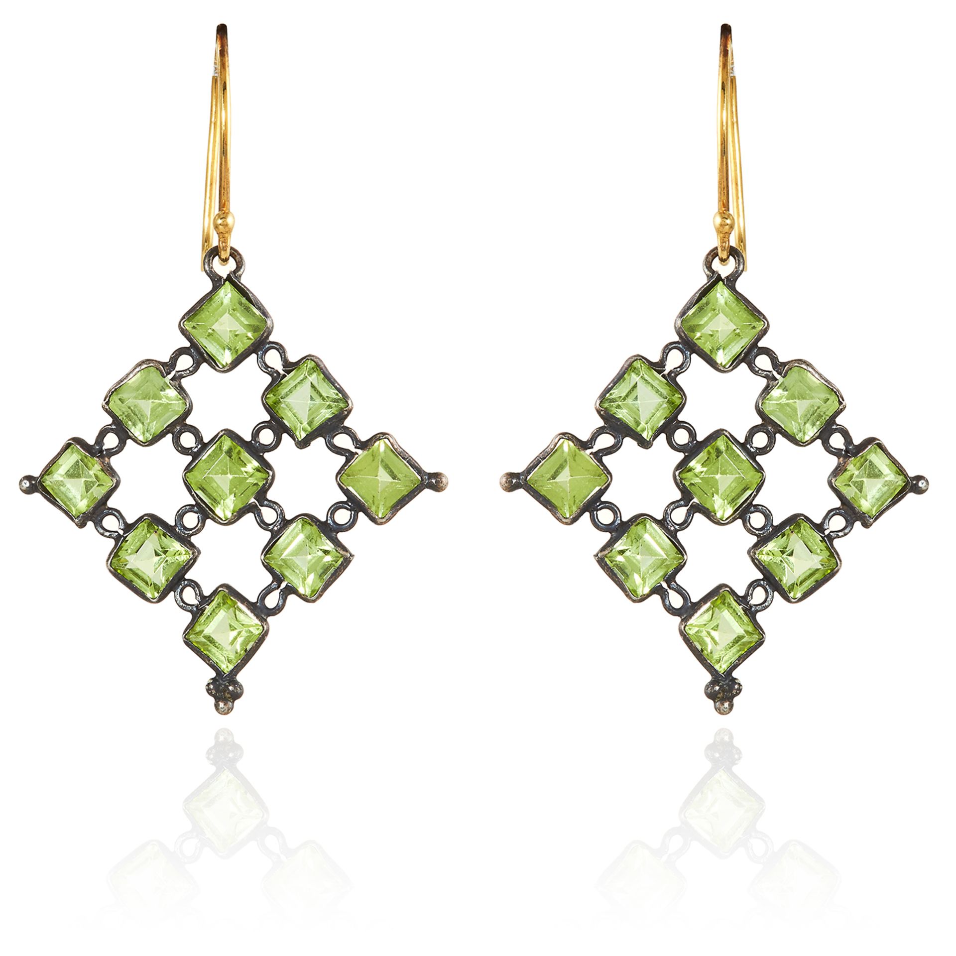 A PAIR OF PERIDOT EARRINGS in gold and silver of openwork design, unmarked, 4.5cm, 3.05g.