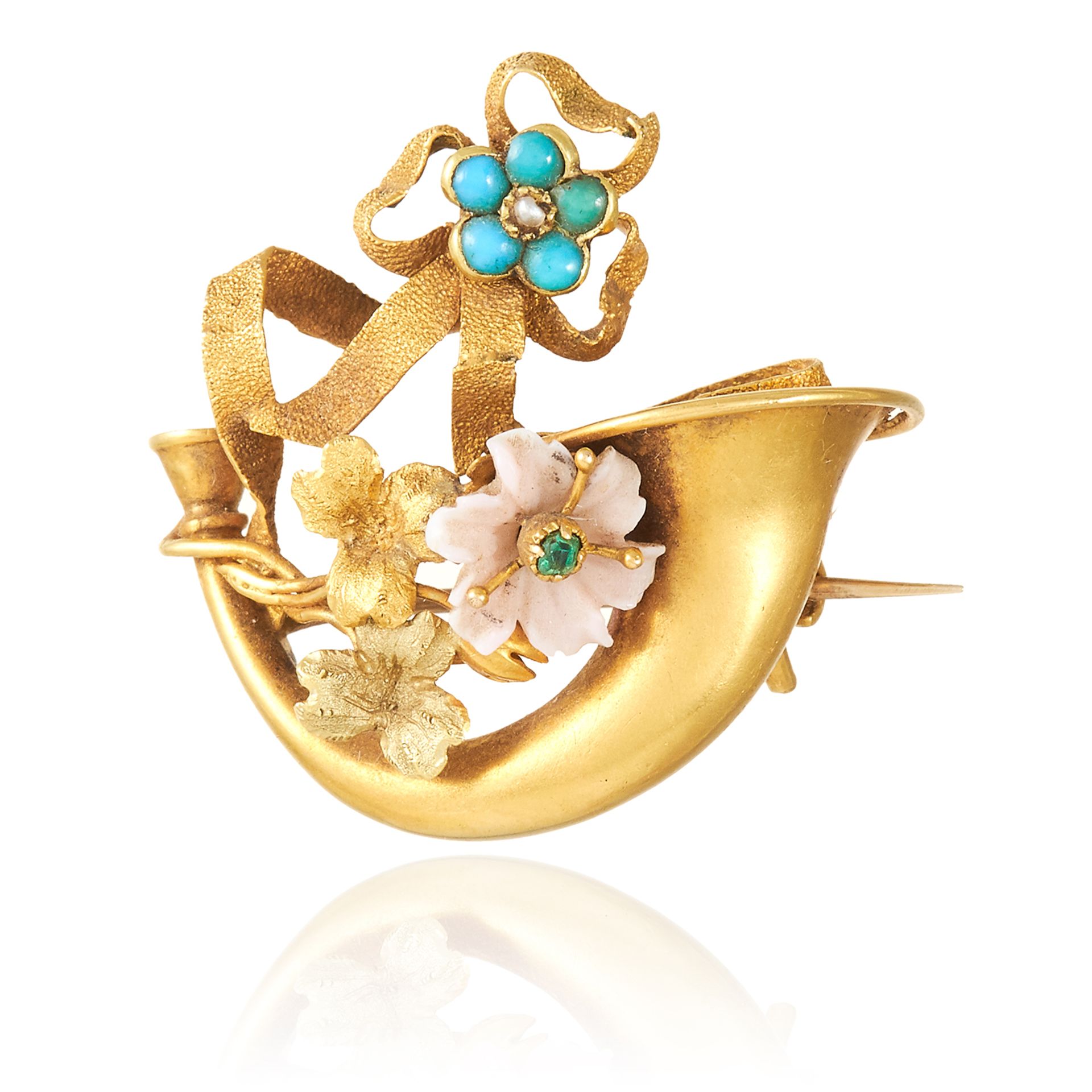 AN ANTIQUE GEMSET HORN BROOCH in high carat yellow gold, depicting a horn and flowers, jewelled with