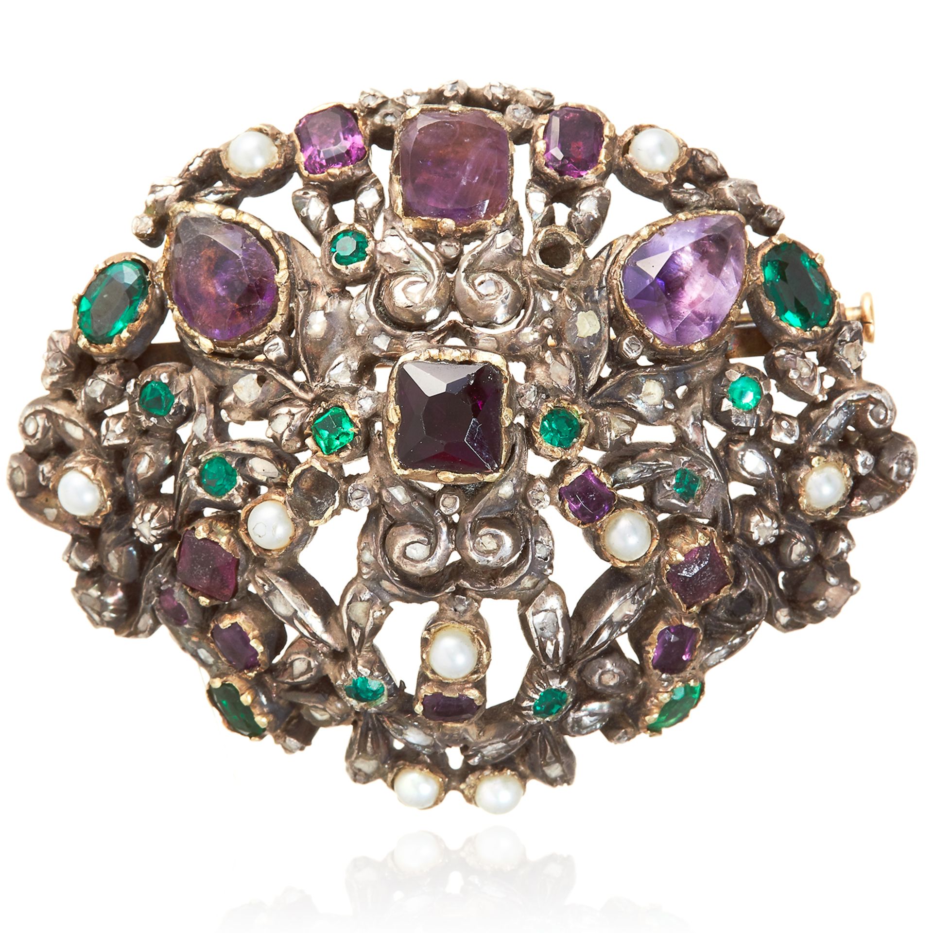 A JEWELLED ANTIQUE BROOCH, EARLY 19TH CENTURY in silver, the scrolling design jewelled with