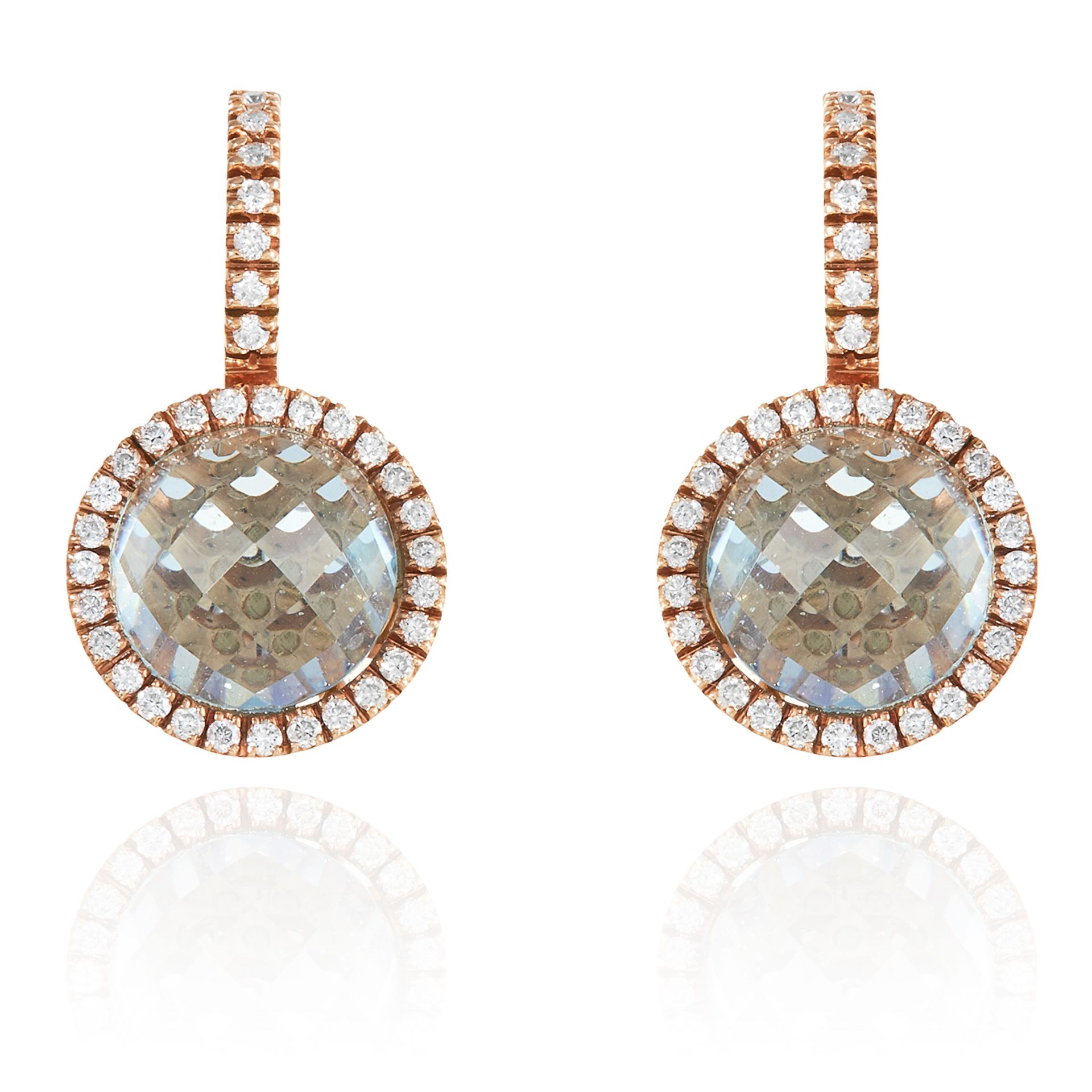 A PAIR OF TOPAZ AND DIAMOND EARRINGS in 18ct yellow gold, comprising of a faceted blue topaz in a