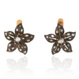 A PAIR OF ANTIQUE DIAMOND FLOWER EARRINGS in yellow gold and silver, unmarked, 1.9cm, 6.05g.