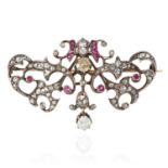 AN ANTIQUE RUBY AND DIAMOND BROOCH, 19TH CENTURY in yellow gold and silver, two principal old cut