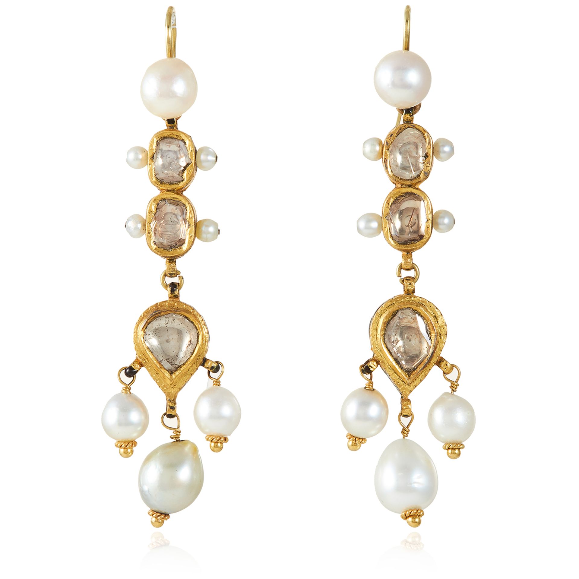 A PAIR OF DIAMOND DROP EARRINGS, INDIAN in high carat yellow gold, the articulated bodies jewelled