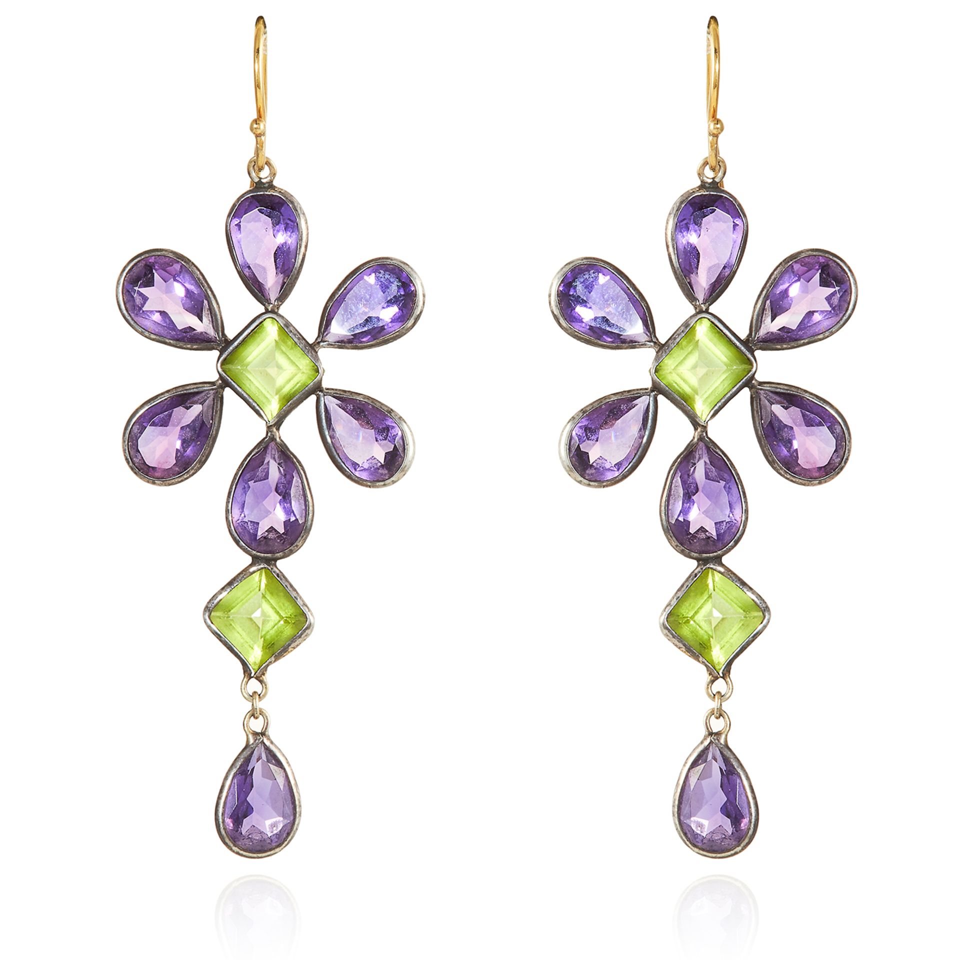 A PAIR OF AMETHYST AND PERIDOT EARRINGS in gold and silver, designed as floral motifs, 6.5cm, 6.6g.