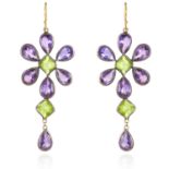 A PAIR OF AMETHYST AND PERIDOT EARRINGS in gold and silver, designed as floral motifs, 6.5cm, 6.6g.