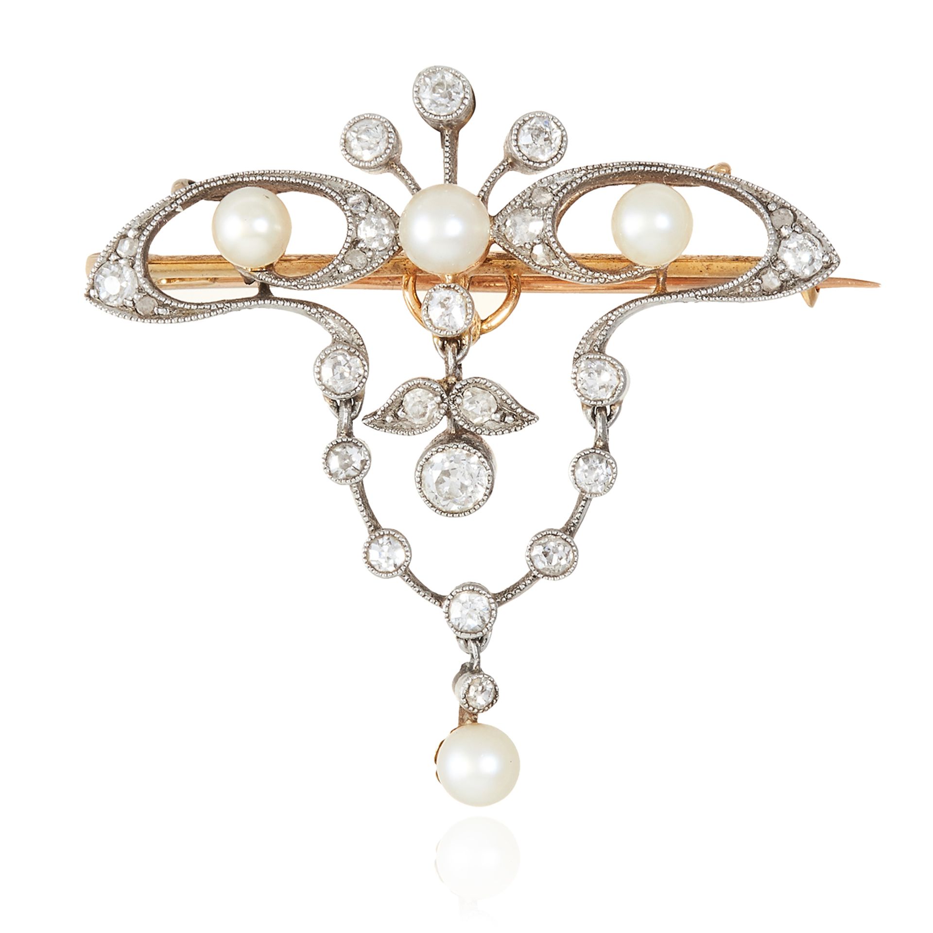 AN ANTIQUE PEARL AND DIAMOND BROOCH, 19TH CENTURY in high carat yellow gold, jewelled with old cut