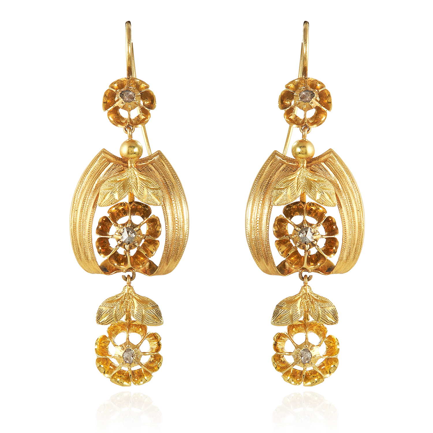 A PAIR OF ANTIQUE DIAMOND EARRINGS, 19TH CENTURY in high carat yellow gold, the articulated bodies