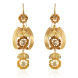 A PAIR OF ANTIQUE DIAMOND EARRINGS, 19TH CENTURY in high carat yellow gold, the articulated bodies