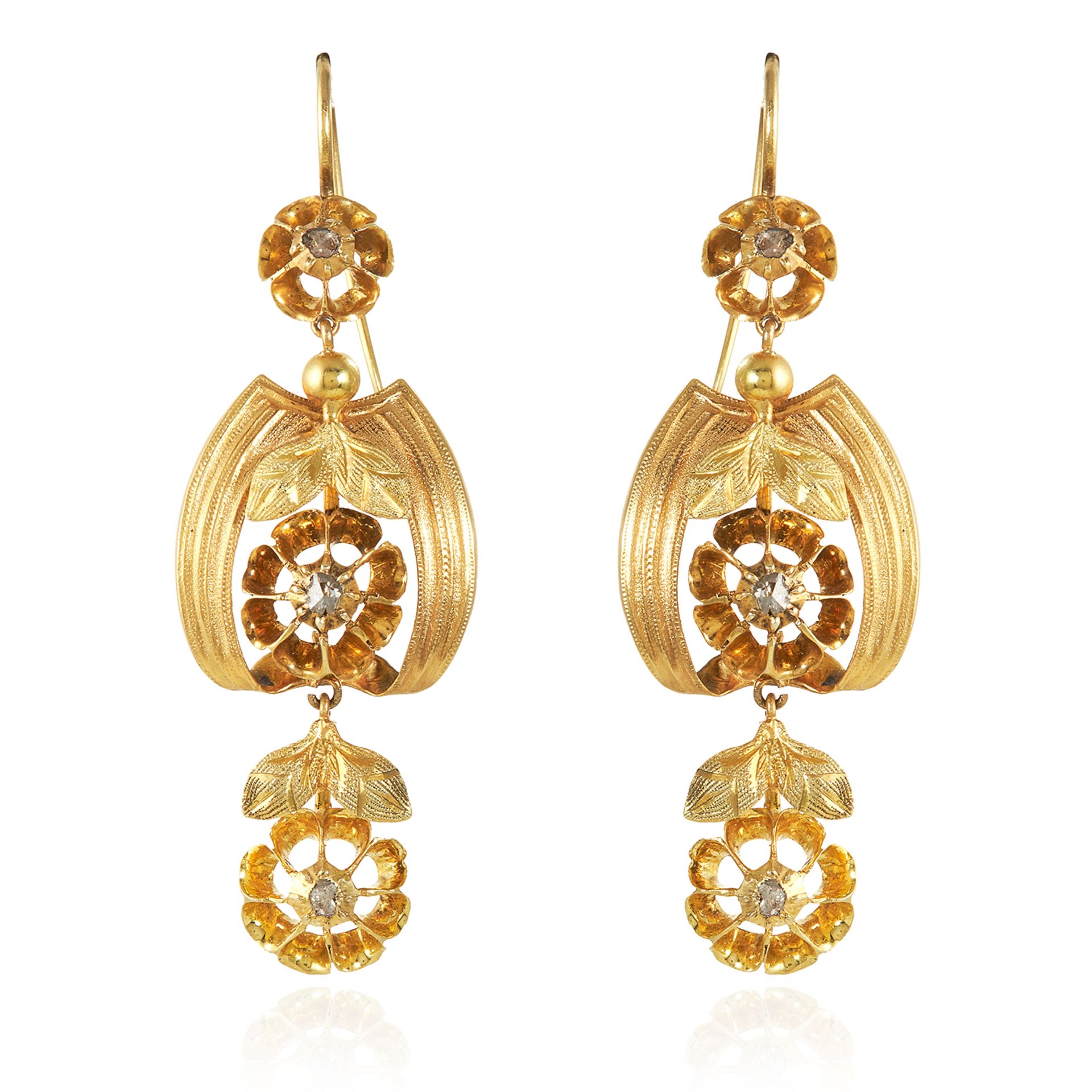 A PAIR OF ANTIQUE DIAMOND EARRINGS, 19TH CENTURY in high carat yellow gold, the articulated bodies