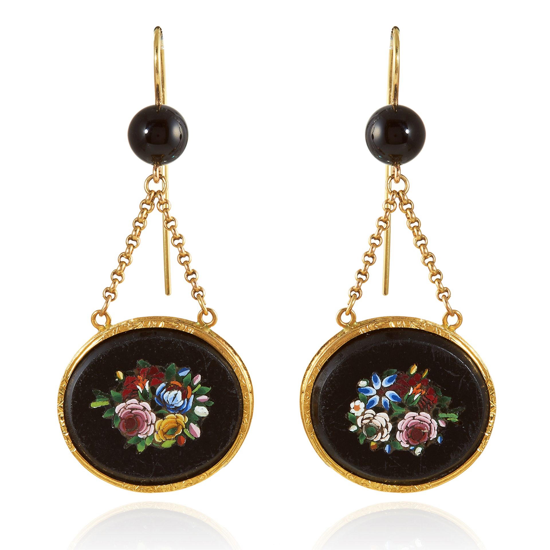 A PAIR OF ANTIQUE MICROMOSAIC EARRINGS, 19TH CENTURY in high carat yellow gold, each suspending an