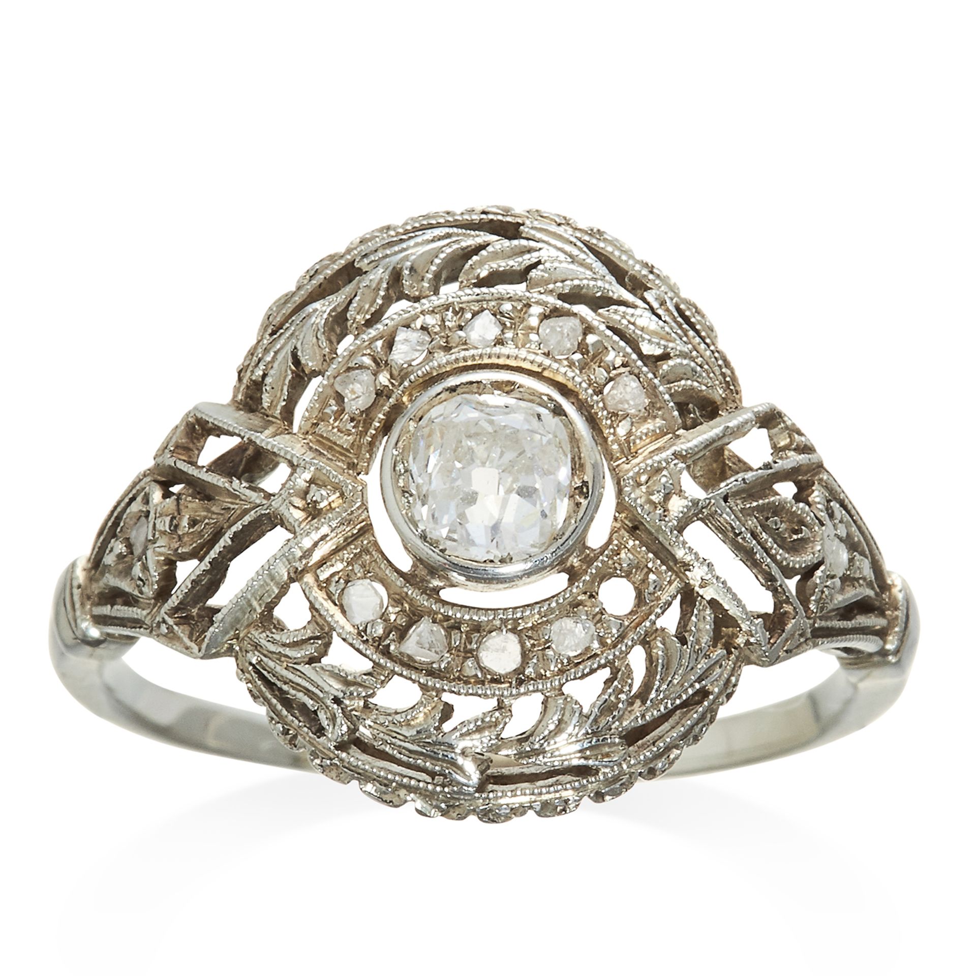 AN ART DECO DIAMOND RING in platinum or white gold, the 0.35 carat old cut diamond within diamond