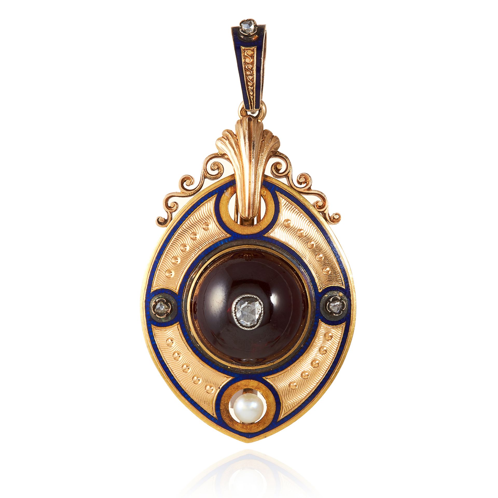 AN ANTIQUE GARNET, DIAMOND, PEARL AND ENAMEL MOURNING PENDANT, 19TH CENTURY in high carat yellow