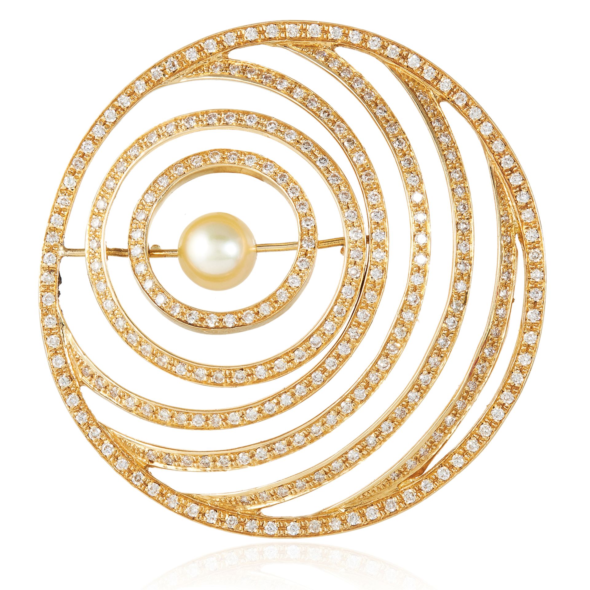 A DIAMOND AND PEARL ARTICULATED PENDANT in high carat yellow gold, in circular form jewelled with