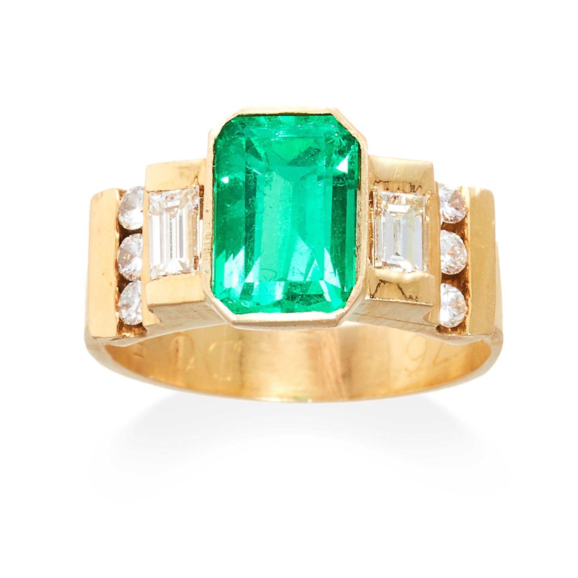 AN EMERALD AND DIAMOND DRESS RING in 18ct yellow gold, set with an emerald cut emerald, framed in