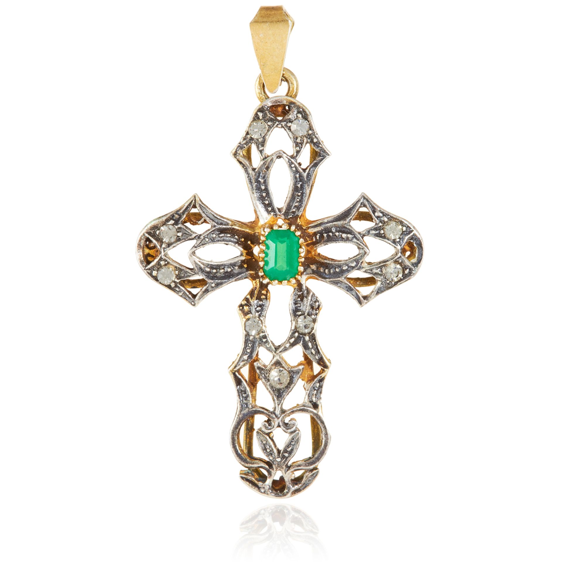 AN EMERALD AND DIAMOND CRUCIFIX PENDANT, PORTUGUESE in high carat yellow gold and silver, the
