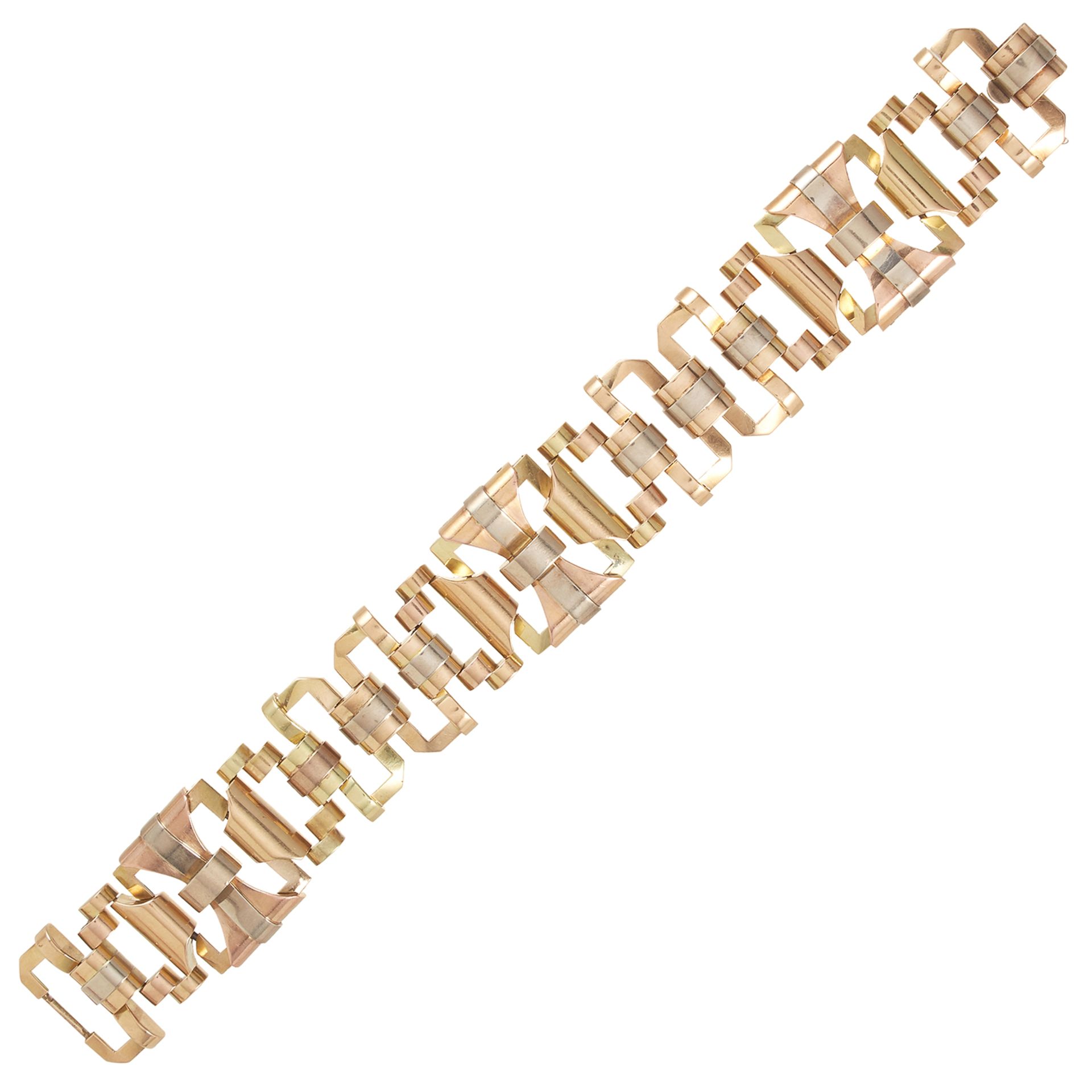 A FANCY LINK GOLD BRACELET in 14ct gold, comprising of fancy links formed of tricolour gold, 20cm,