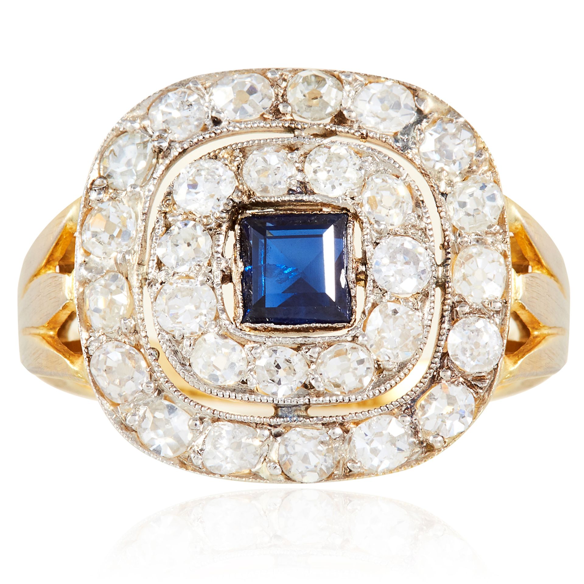 A SAPPHIRE AND DIAMOND DRESS RING in high carat yellow gold, set with a square cut sapphire of