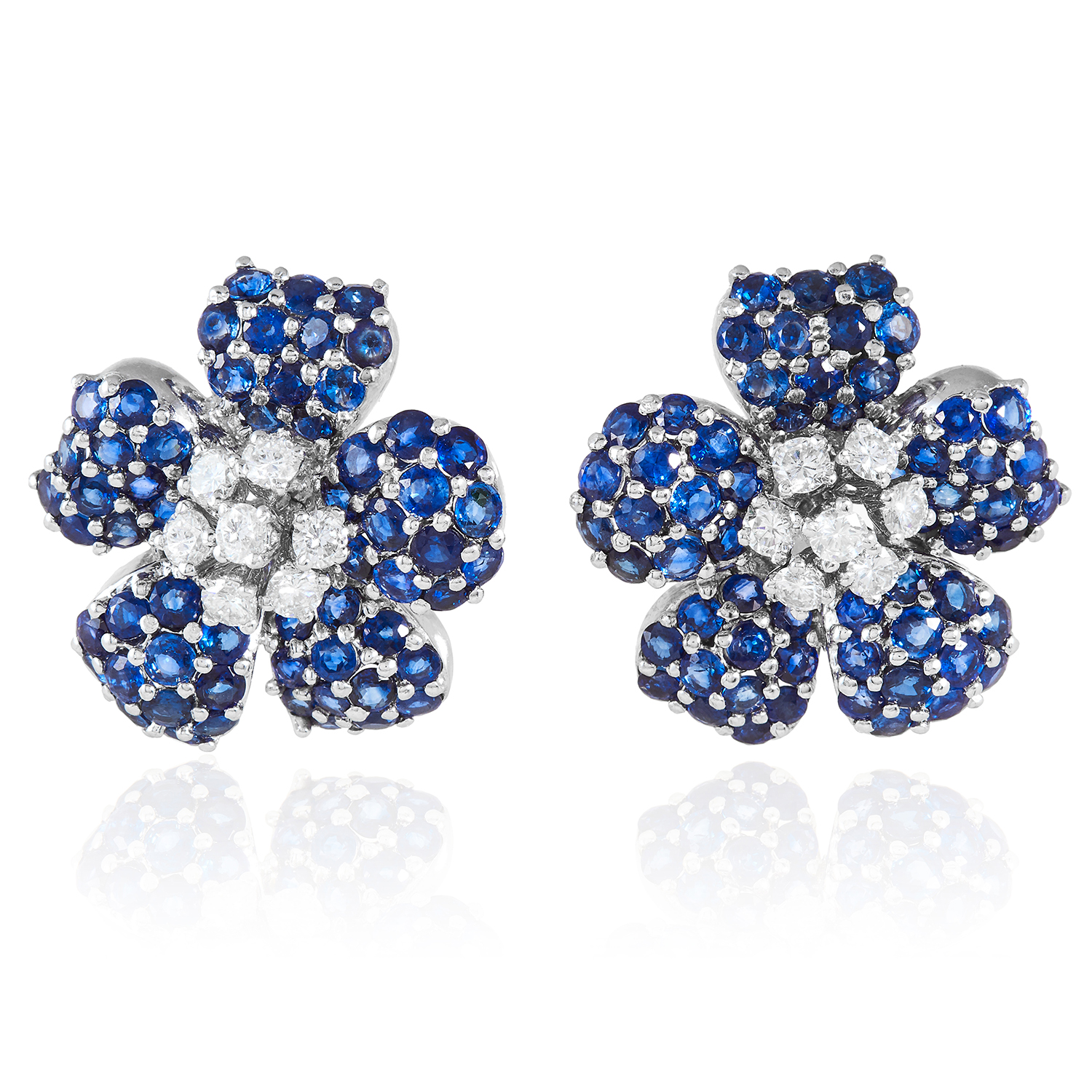 A PAIR OF SAPPHIRE AND DIAMOND EARRINGS, TIFFANY in 18ct white gold, depicting a flower, set with