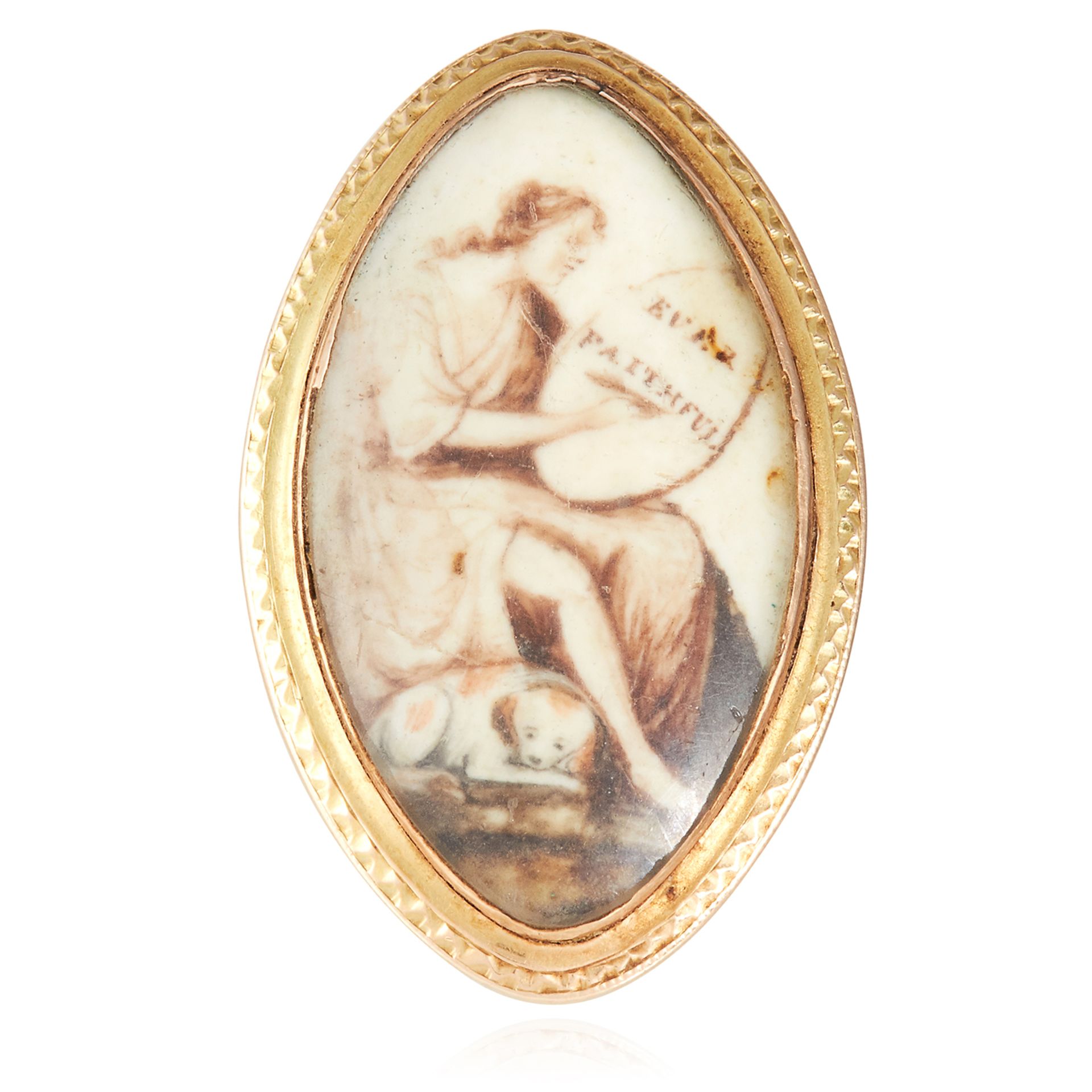 AN ANTIQUE PORTRAIT MINIATURE MOURNING RING, CIRCA 1780 in high carat yellow gold, of navette form