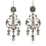 A PAIR OF OPAL AND DIAMOND EARRINGS in gold and silver, the openwork scrolling design set with opals