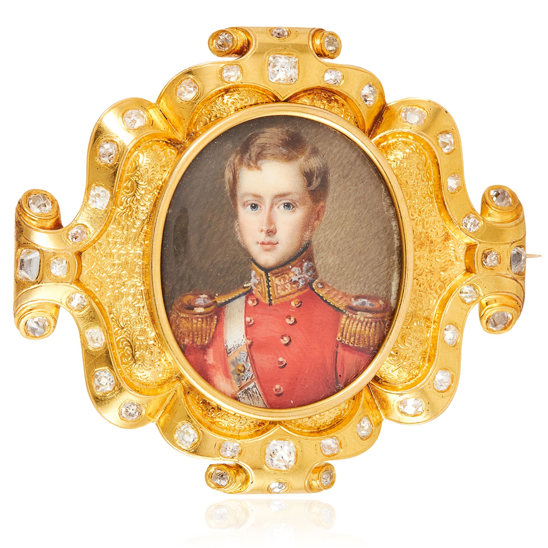 AN ANTIQUE DIAMOND MINIATURE BROOCH in high carat yellow gold, the miniature is set in a gold