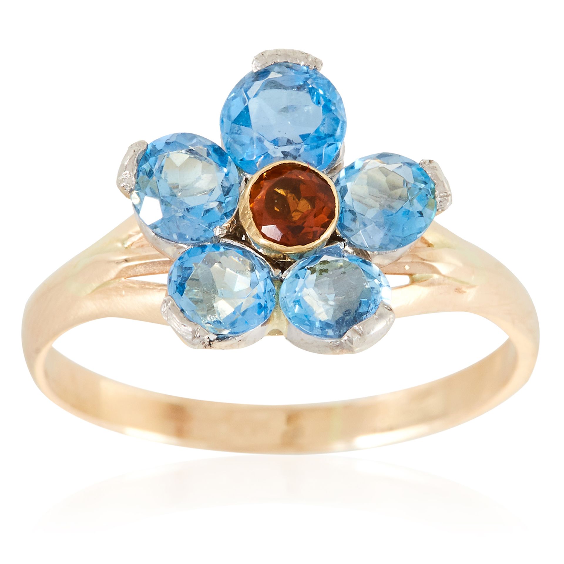 AN AQUAMARINE AND CITRINE DRESS RING in yellow gold, depicting a flower set with round cut