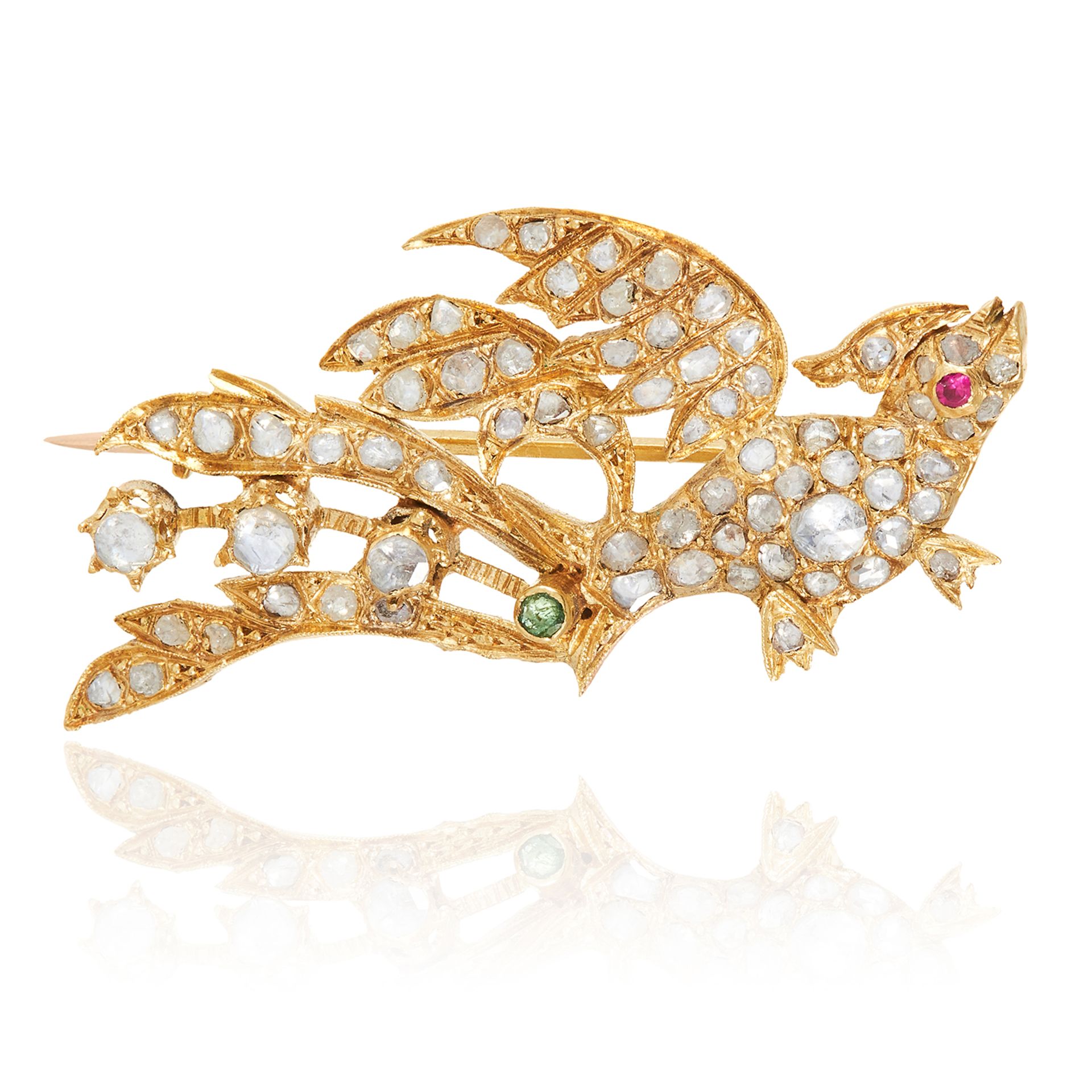 AN ANTIQUE RUBY, EMERALD AND DIAMOND BIRD BROOCH in high carat yellow gold, depicting a bird, set