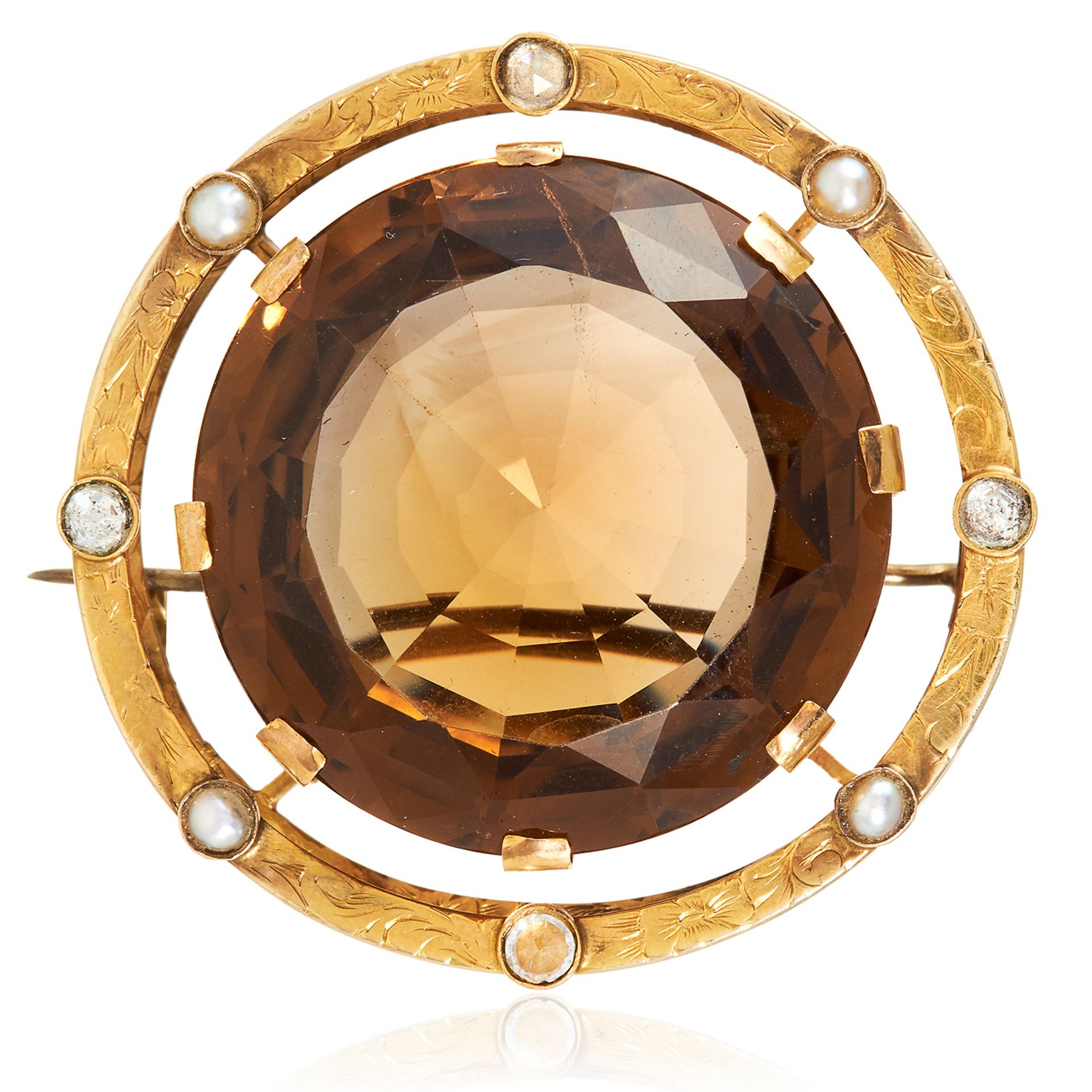 AN ANTIQUE SMOKEY QUARTZ, PEARL AND DIAMOND BROOCH in high carat yellow gold, set with a round cut