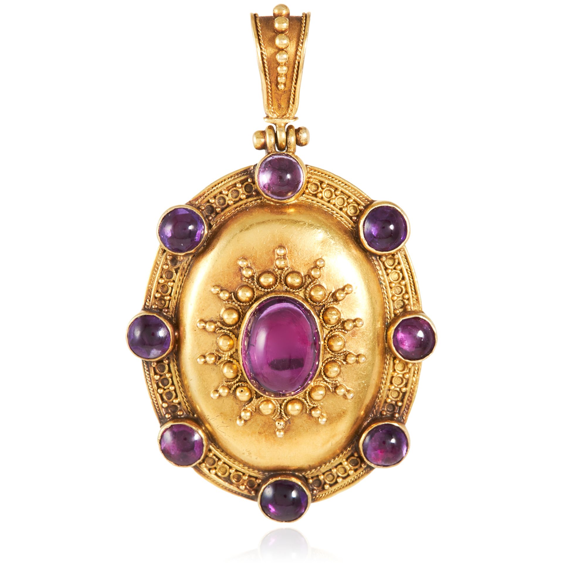 AN ANTIQUE GARNET MOURNING PENDANT in high carat yellow gold, the oval locket is set with nine