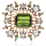AN ANTIQUE TOURMALINE, EMERALD AND DIAMOND BROOCH, 19TH CENTURY in yellow gold and silver, the
