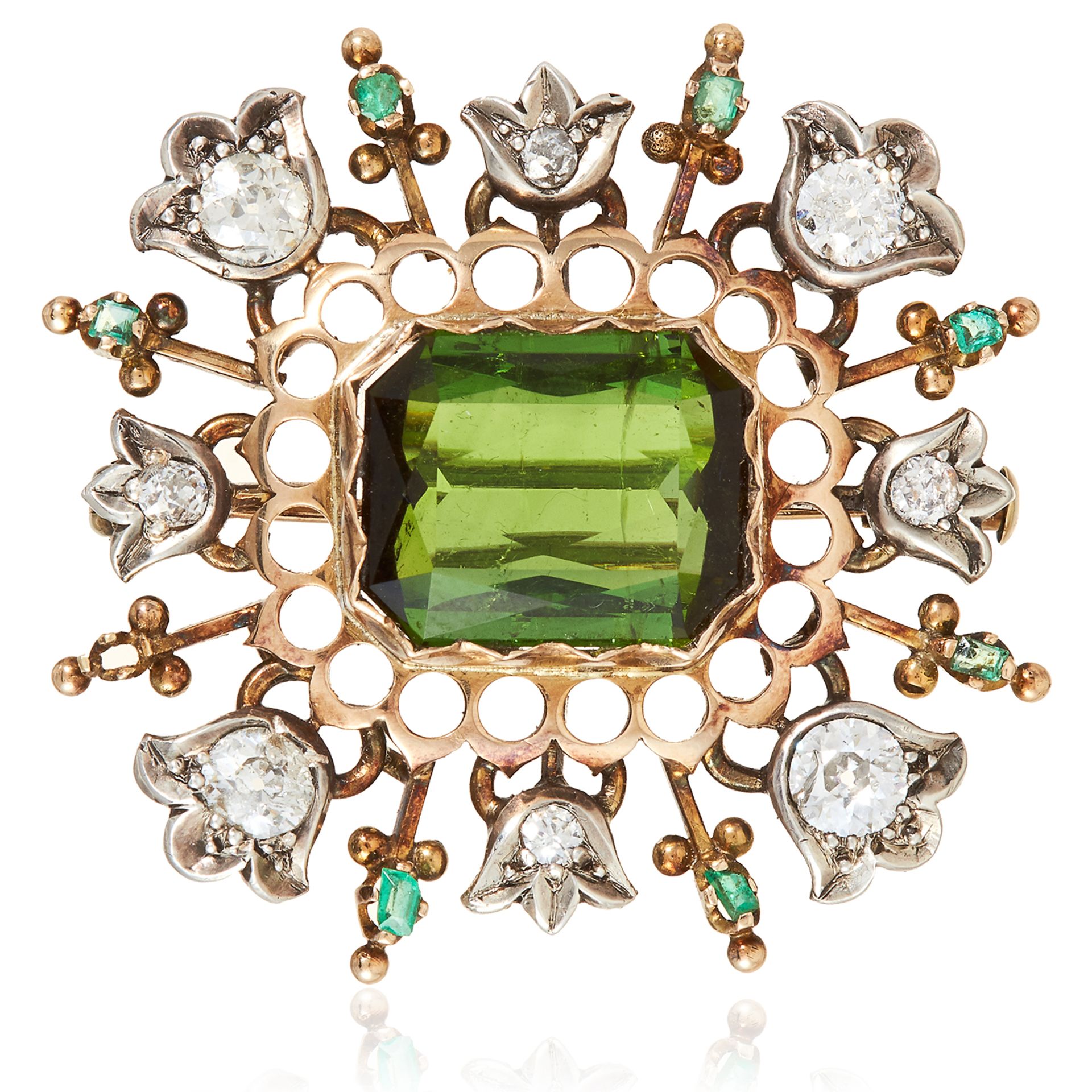 AN ANTIQUE TOURMALINE, EMERALD AND DIAMOND BROOCH, 19TH CENTURY in yellow gold and silver, the