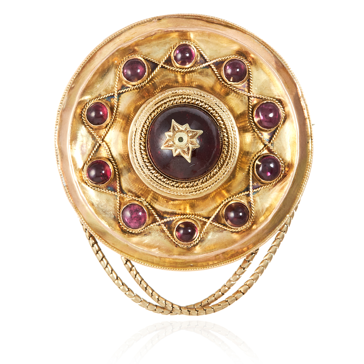 AN ANTIQUE GARNET HAIRWORK MOURNING BROOCH, 19TH CENTURY in yellow gold, cabochon garnets set